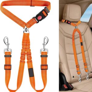 Double Dog Seat Belt Bungee Leash Reflective Adjustable Orange