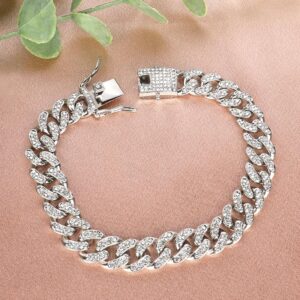 Dog Cat Cuban Chain Collar Silver Plated Cubic Zirconia